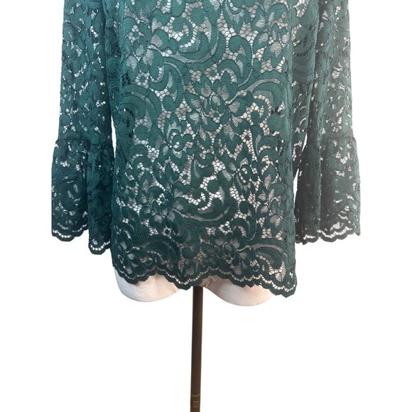 ZARA Small Forest Green Lace Bell Sleeve Blouse - Picture 7 of 13